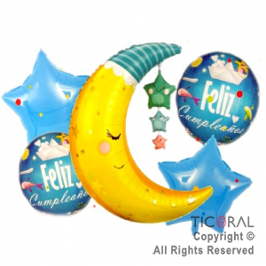 SET DE GLOBOS METALIZADO F/C LUNA ESTRELLA CELESTE 5 UNIDADES 